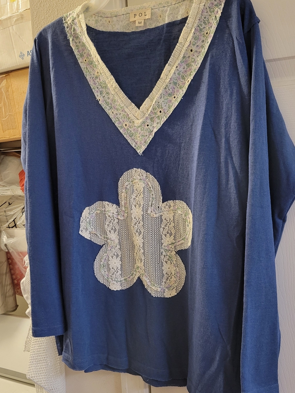 POL Blue Long-Sleeve Top with Lace Appliqué